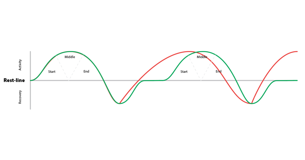 Diagram overlaying the green curve of intentional recovery against the red curve of interrupted rest