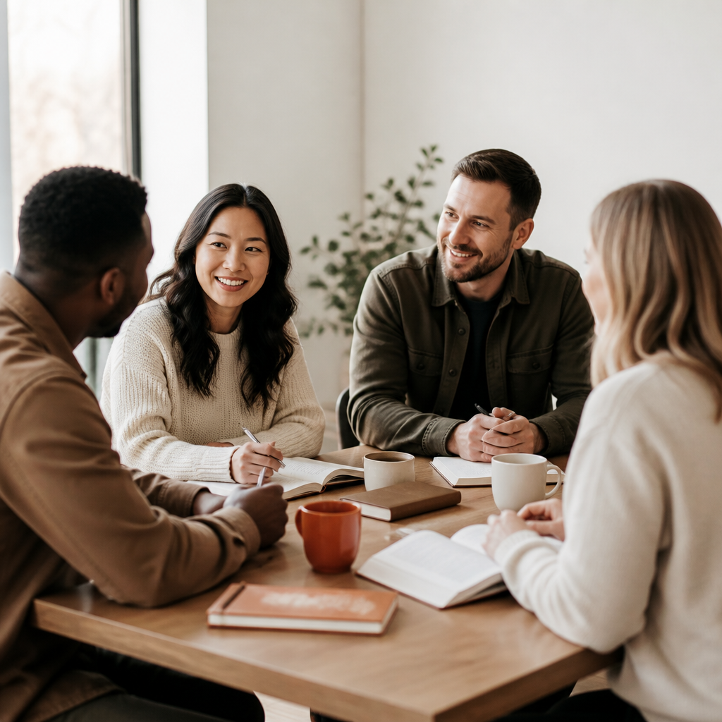 A group of church leaders gathered around a table for training and conversation.