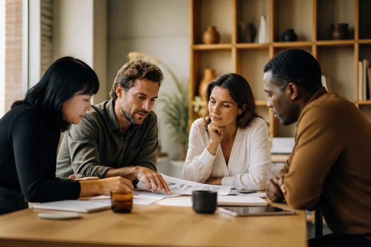 A leadership team reviewing documents together around a wooden table.